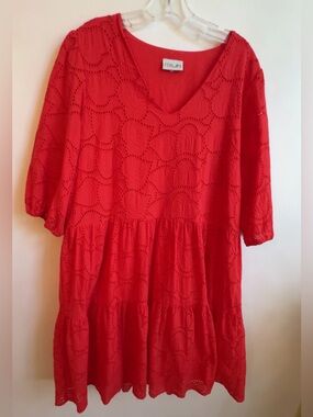 Foil Poppy Red Eyelet V-Neck Tiered Midi Dress